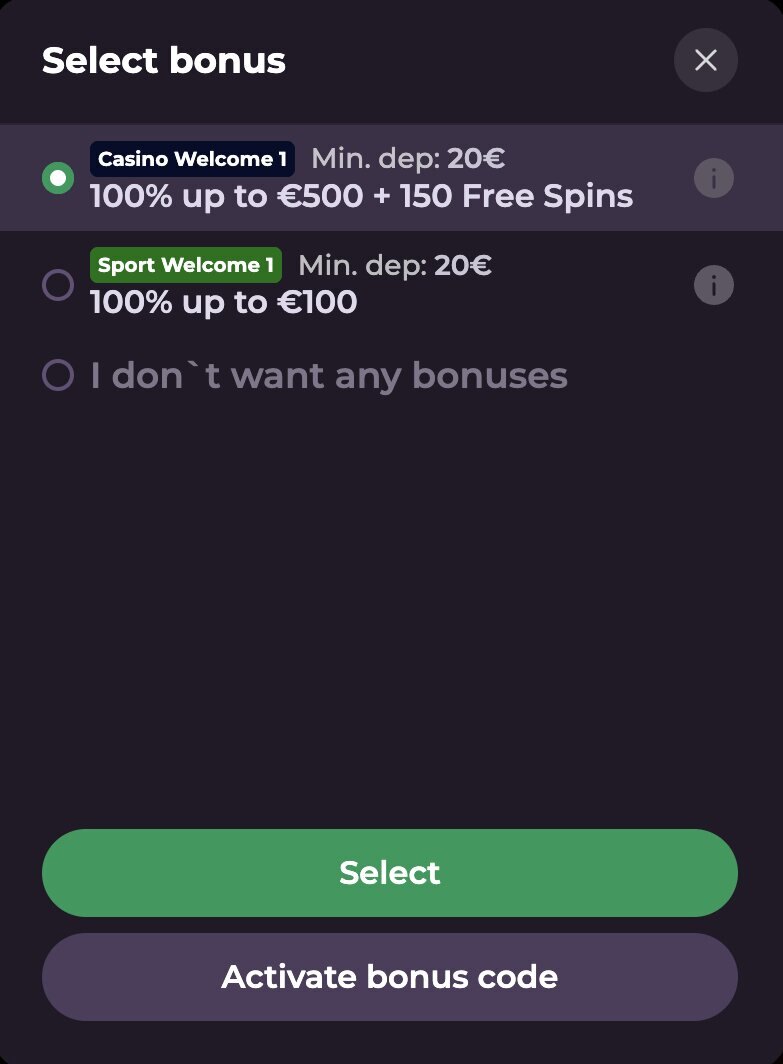 RockySpin Casino bonus terms display, showing 150% welcome offer with ROCKY750 code and x35 wagering