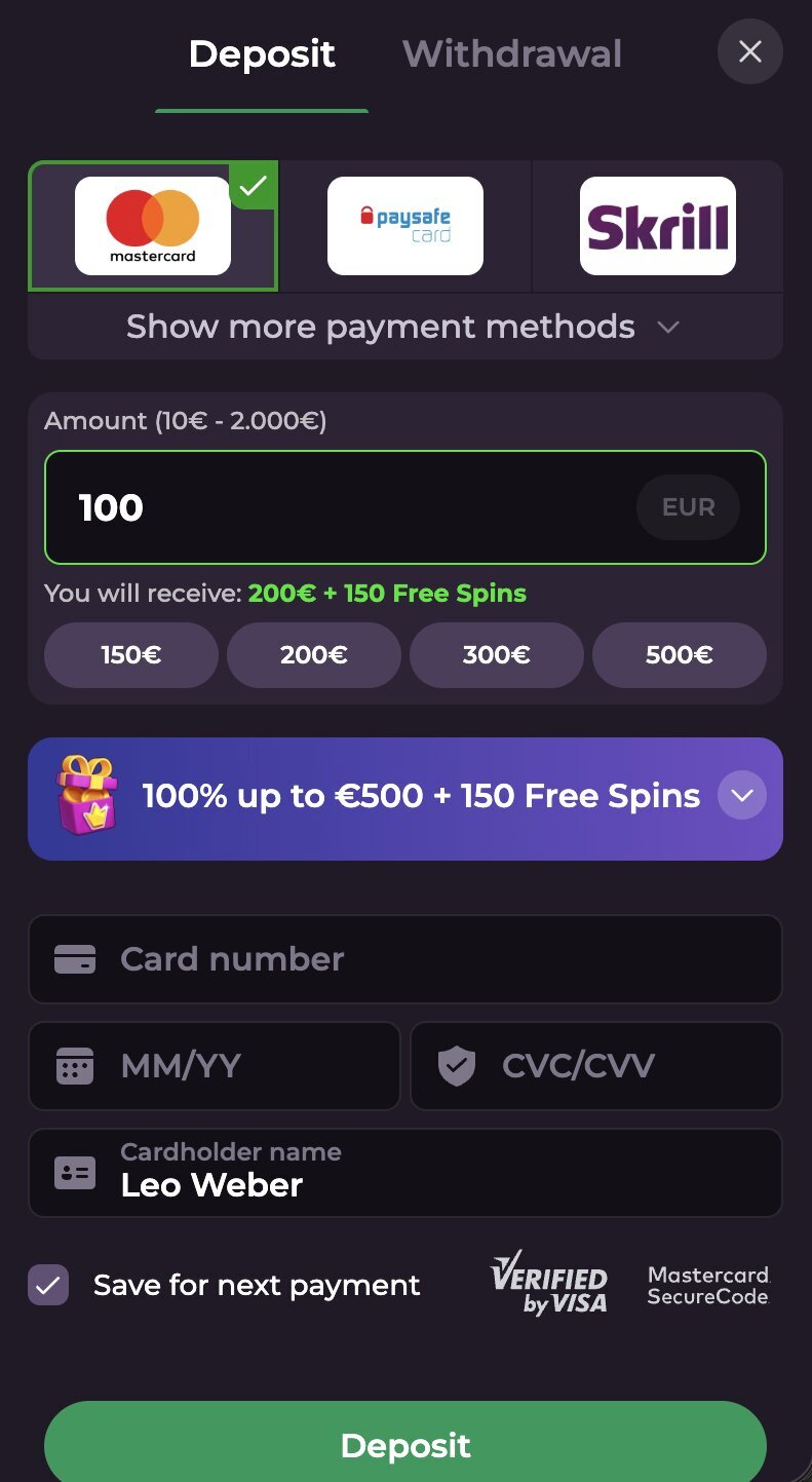 RockySpin Casino cashier interface with deposit method selection