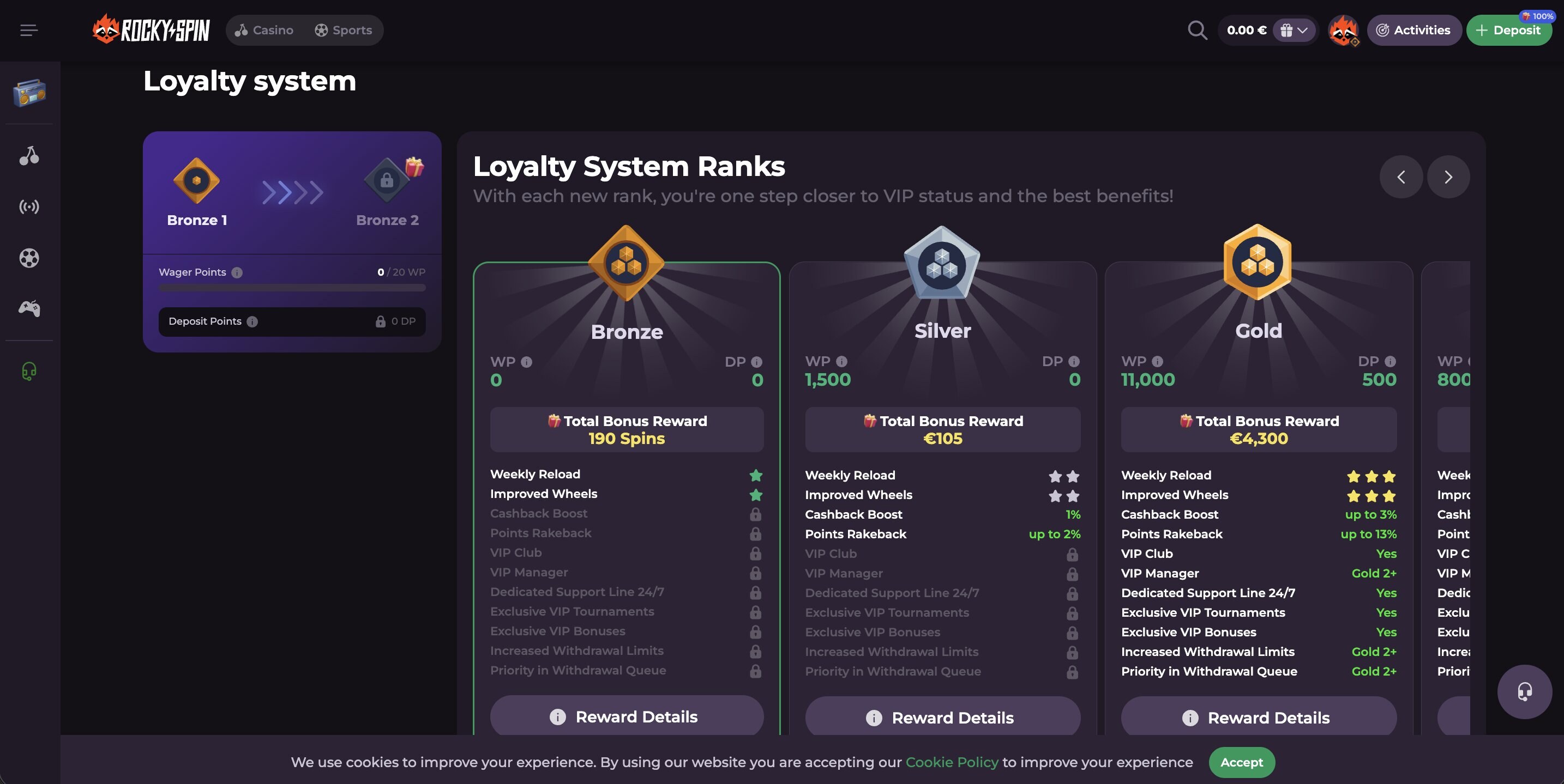 RockySpin Casino VIP loyalty tiers display showing Bronze through Onyx ranks with progression criteria