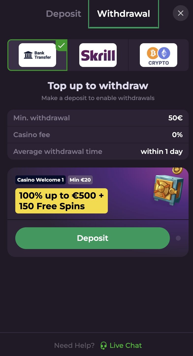 RockySpin Casino withdrawal flow showing payment method options and KYC verification step